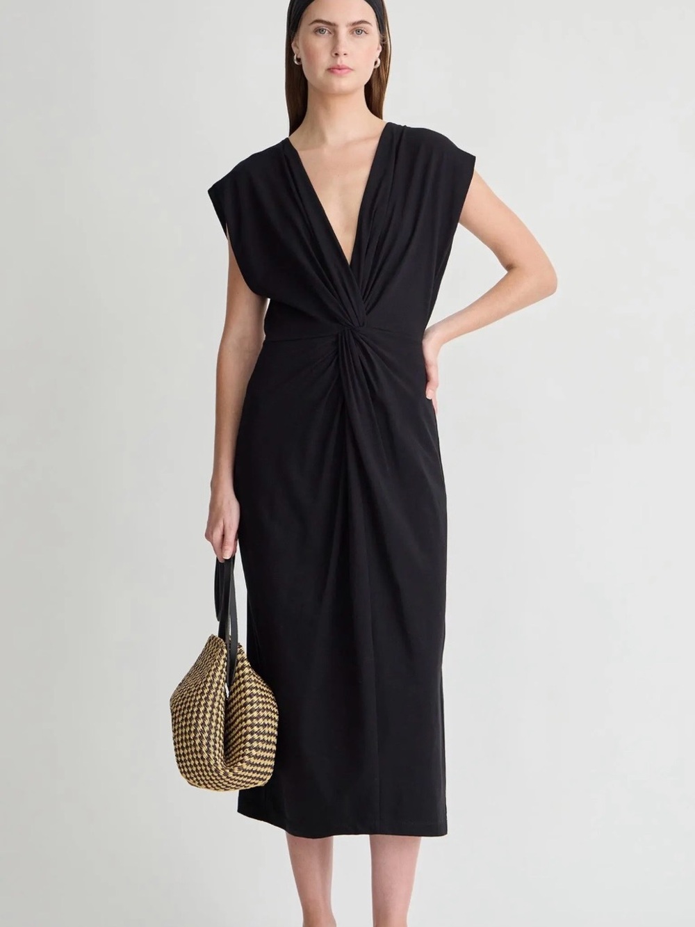 IMAN Global Chic Black V-Neck Knot-Front Maxi Dress NWT
